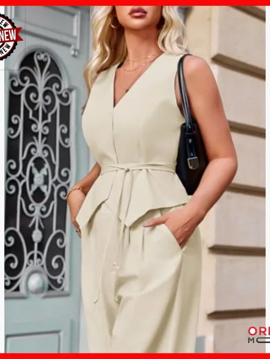 V-Neck Tie-Waist Blazer Vest & Wide Leg Pants Business Casual Set - Picture 2 of 7